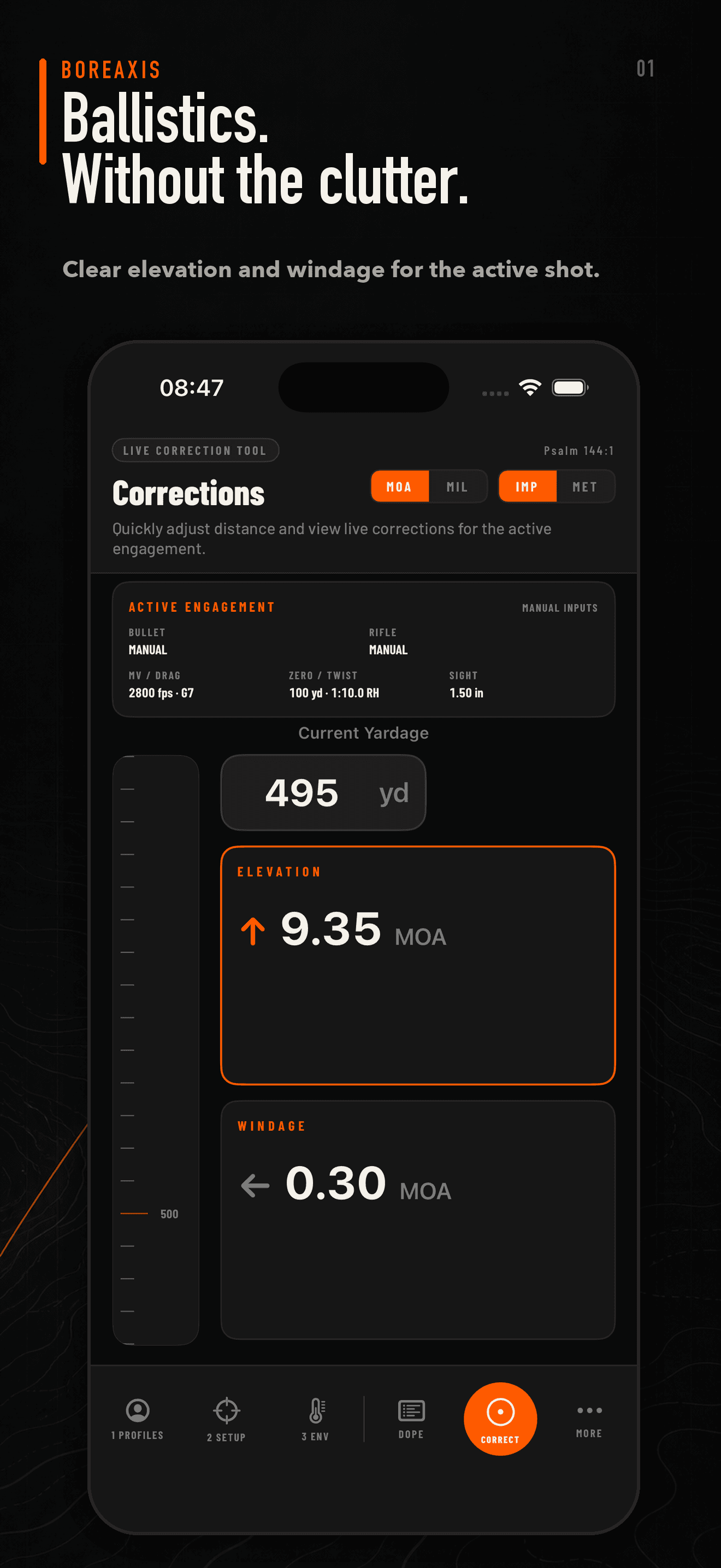 BOREAXIS Corrections app screen — Clear elevation and windage for the active shot.