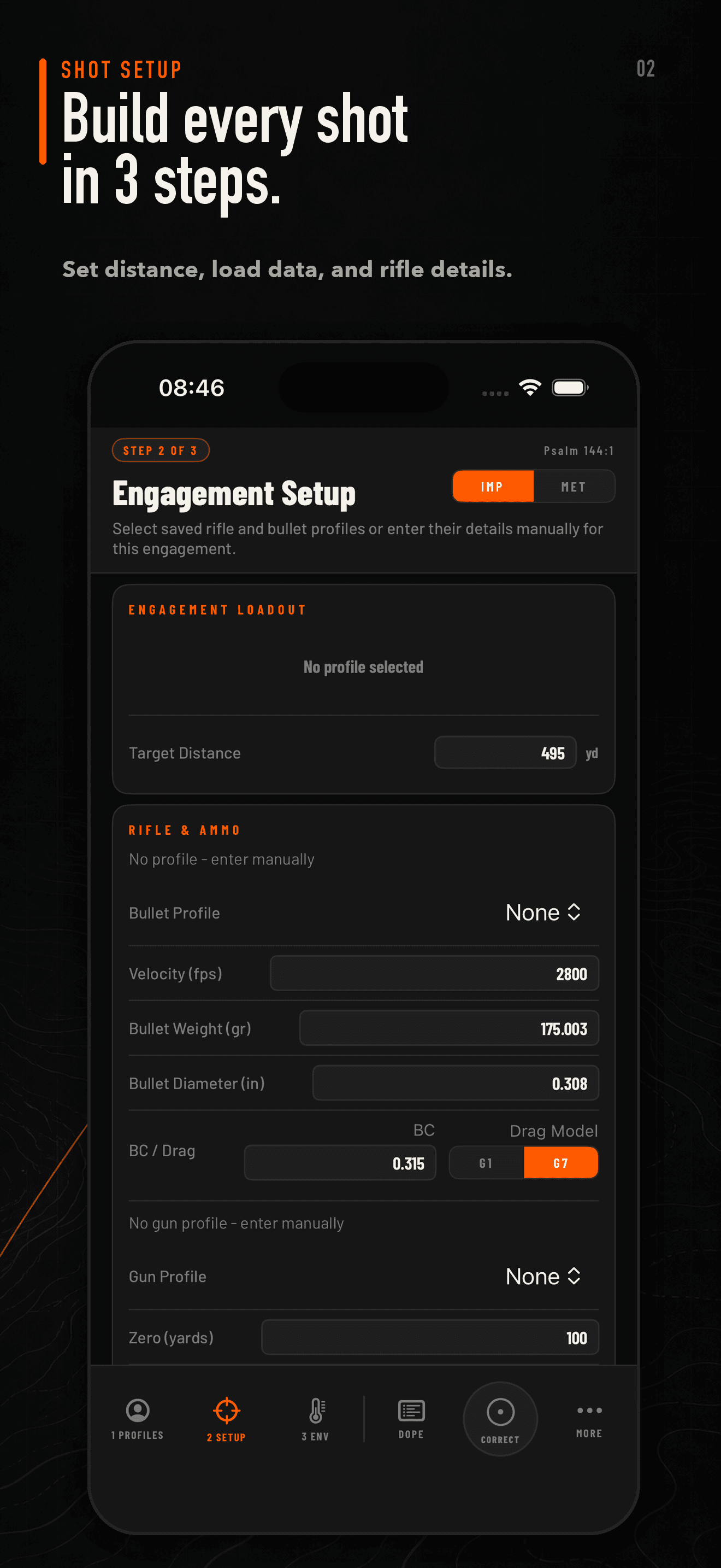 BOREAXIS Engagement setup app screen — Set distance, load data, and rifle details in one workflow.