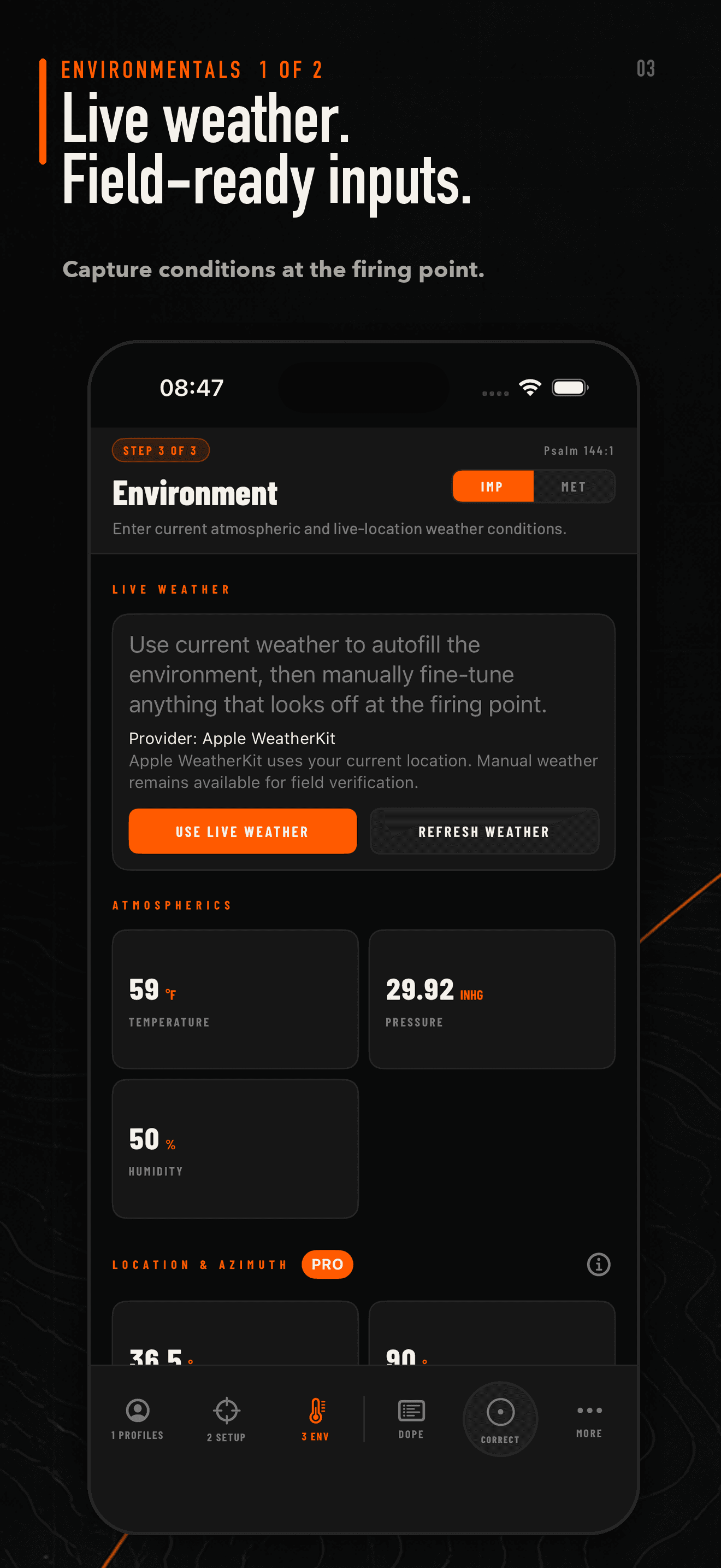 BOREAXIS Environmentals app screen — Capture field conditions or use weather-assisted inputs.