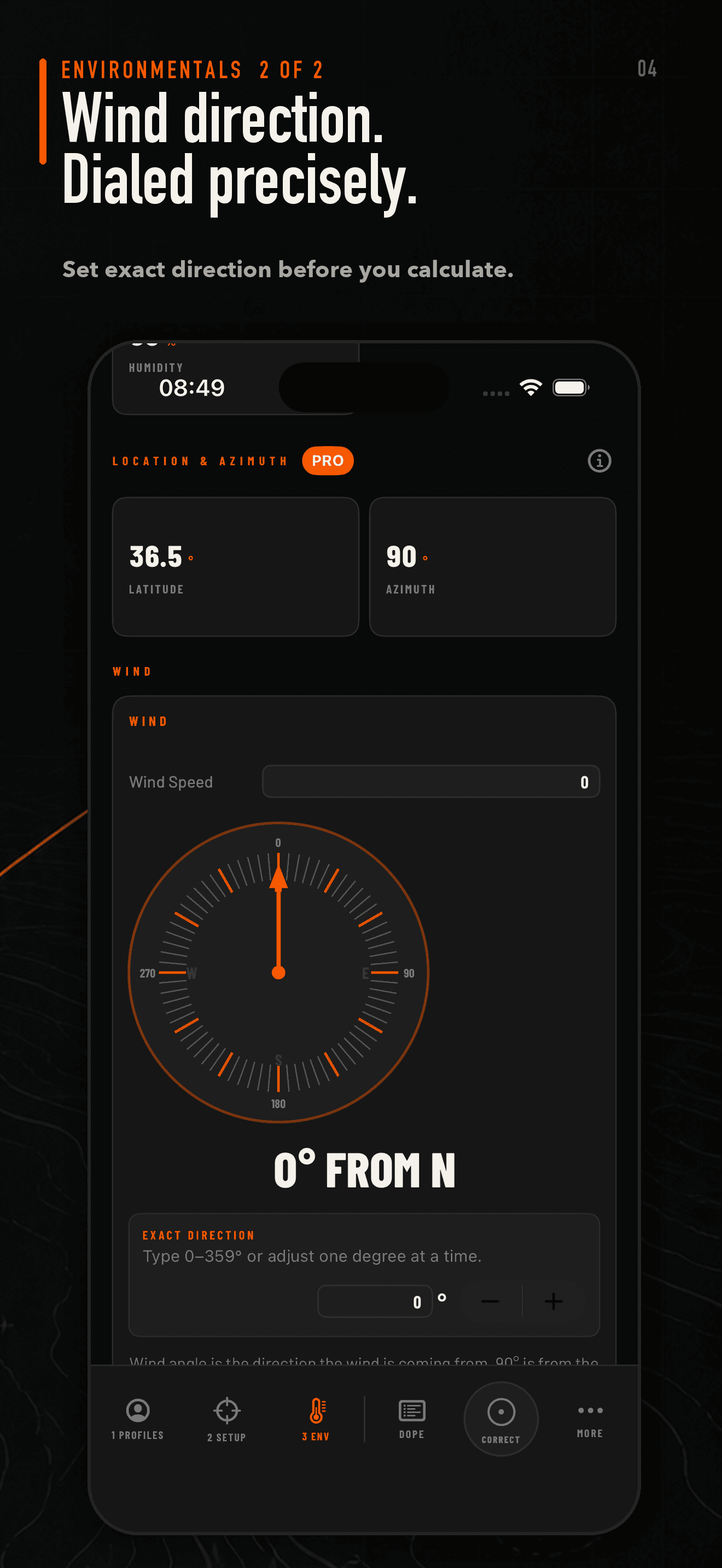 BOREAXIS Wind direction app screen — Dial exact direction before calculating a correction.