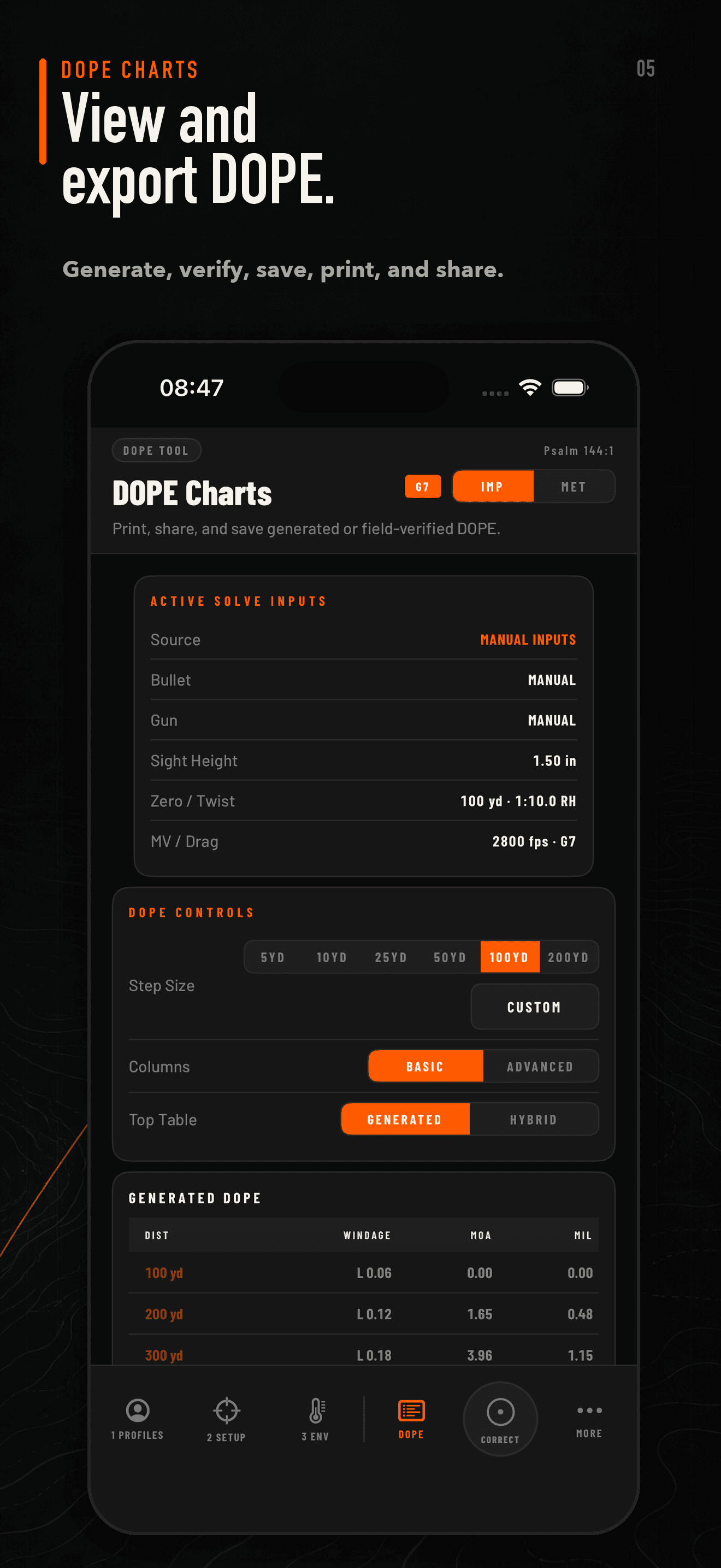 BOREAXIS DOPE charts app screen — Generate, verify, save, print, and share range-ready DOPE.