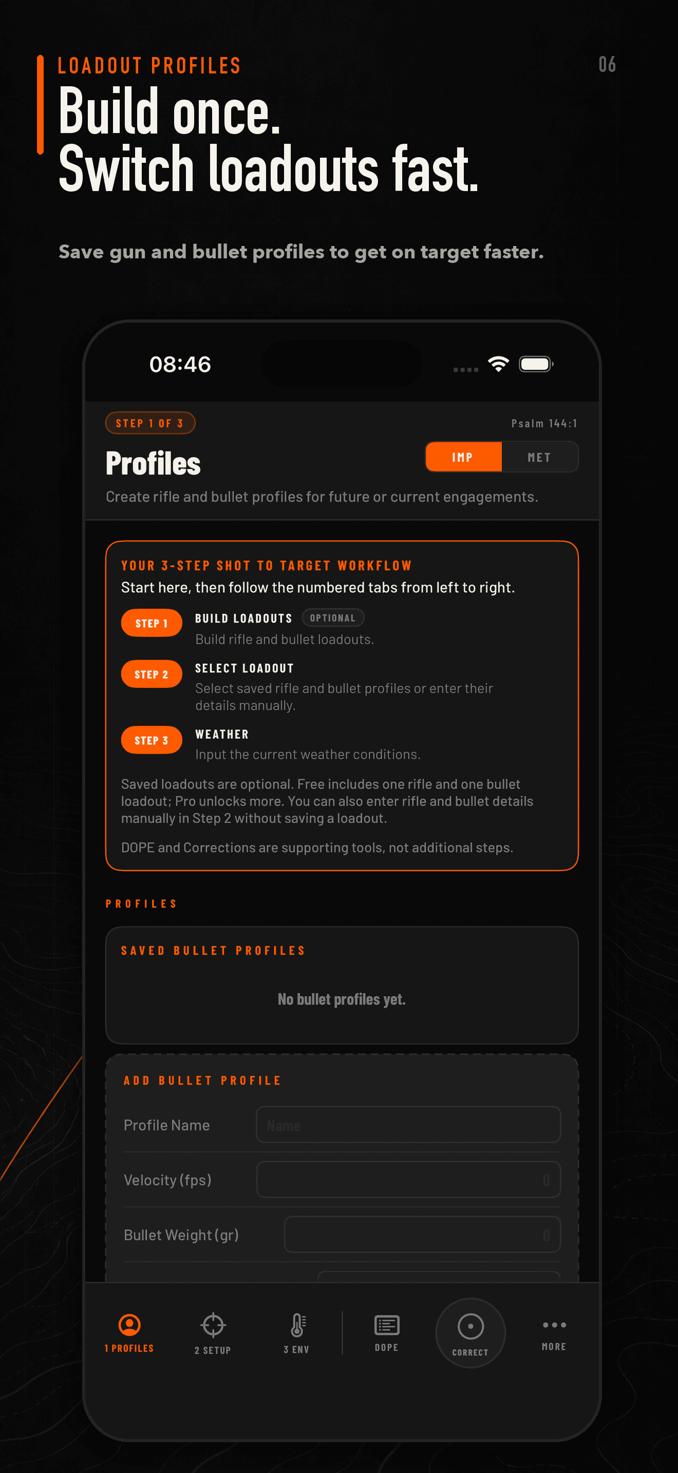 BOREAXIS Loadout profiles app screen — Build rifle and bullet profiles once and switch quickly.